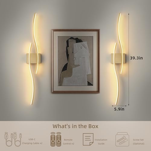 Wireless Wall Sconces Set of Two, Dimmable, 3CCT, Up to 65H Runtime - color: Brushed Brass, size: 39.3 inches (2 Pack)