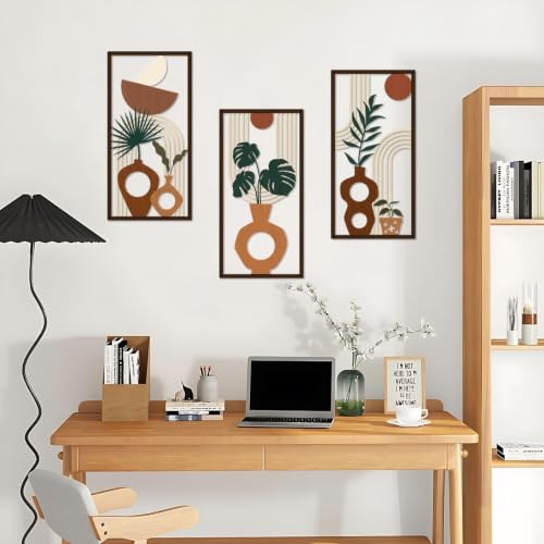 3 Pcs Boho Metal Wall Art, Mid Century Abstract Plant Vase Wall Decor - color: Earthy Tone