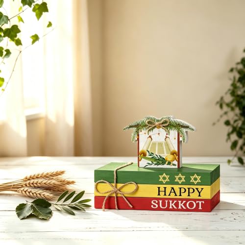 Smile Sukkot Wooden Block Decor, Happy Sukkot Star of David and Sukkah Shelf Tiered Tray Tabletop Signs for Jewish Holiday Decor - style: Sukkot