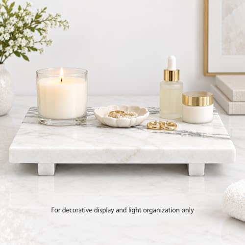 White Marble Pedestal Tray, 13.8-Inch Bathroom Vanity Counter Organizer - color: White Marble-13.8 in