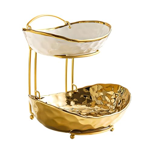 XUDREZ 2 Tier Fruit Bowl with Metal Stand, Ceramic, Gold - color: Gold, 2 Tier
