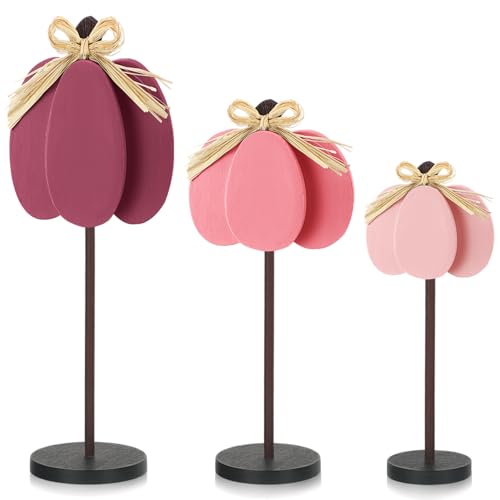 Thyle 3 Pcs Fall Pumpkin Decor, Wooden, Pink - color: Pink