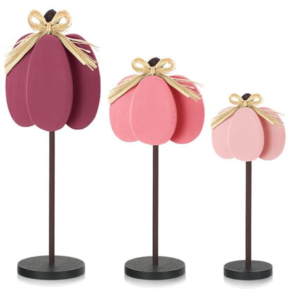 Thyle 3 Pcs Fall Pumpkin Decor, Wooden, Pink - color: Pink