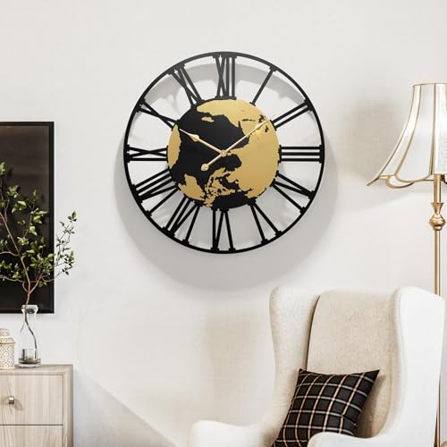 Large Wall Clocks for Living Room Decor，World Map Large Round Wall Clock 30 Inches Or Larger Clock for Office/Living Room/Kitchen/Dining Room Decor - color: Black World Map-roman Numerals, size: 30inch