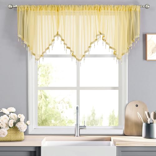 WUBODTI Yellow Sheer Valance Curtains for Living Room Windows, Boho Crystal Beaded Tassel Triangle Kitchen Curtains Lace Swag Curtain Valance for Bedroom Bathroom Door Decor,3PCs, Each W51 x L24 - color: Yellow