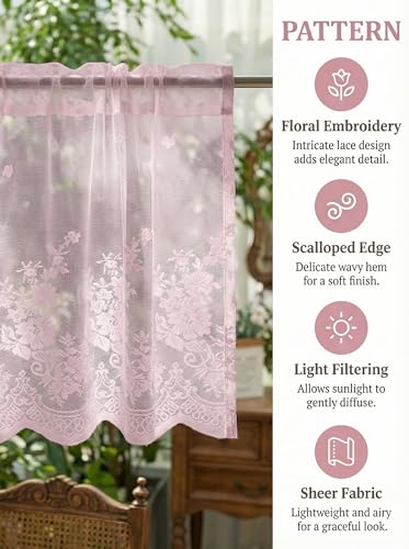 Molaxhome Kitchen Curtains Valance Pink Lace Floral Semi Sheer Curtain - color: Pink, size: 29"W x 24"L (Pack of 1)