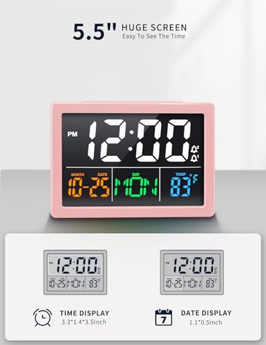 JALL Digital Clock with Date Day for Seniors, Electric Alarm Clocks for Bedrooms with Temperature, 2 Alarms, Dimmer, Dual USB Charger, Battery Backup, Volume Control, Snooze, Bedside Desk Clock, Pink - color: Pink