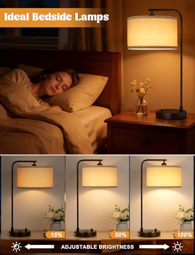 20.7" Tall Table Lamp with USB & Outlet, Fully Dimmable Nightstand Lamp - color: E-Beige Shade & Brown Base