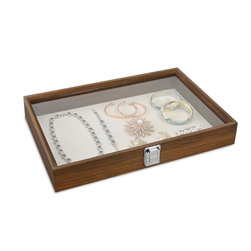 MOOCA Jewelry Display Case, Display Case Accessories Storage Box with Tempered Glass Hinge Lid, Jewelry Tray for Collectibles, Walnut Color, 14.1W x 10.2D x 2.1H in - color: Walnut, Beige