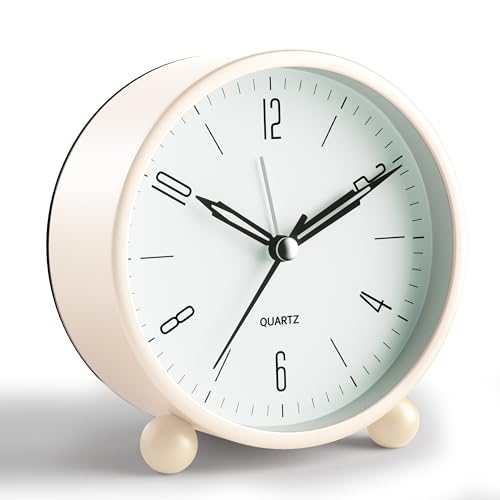 JALL Analog Alarm Clock, 4 inch Super Silent Non Ticking Small Clock with Night Light, Battery Operated, Simple Design, Old Fashioned Style Cream Decor, for Bedroom, Bedside, Desk, Adult, Gift, White - color: Beige