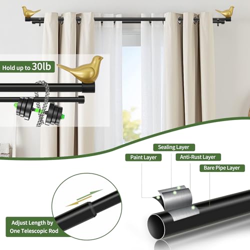 3/4" Diameter Farmhouse Double Window Treatment Curtain Rod, Gold Bird Finials (48"-84", Black Rod) - color: Black with Gold Finial, size: 48"-84"