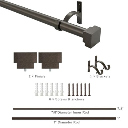 Single Curtain Rods for Windows 28 to 48 Inch(2.3-4ft),1 Inch Diameter Adjustable Heavy Duty Drapery Rods,with Modern Square Aluminum Alloy Finials,Antique Bronze - color: Antique Bronze, size: 28-48"