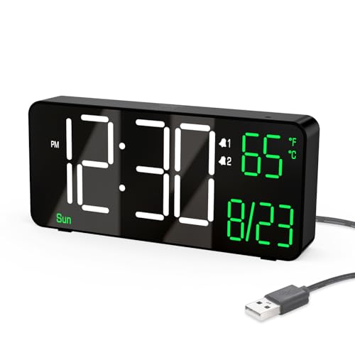 KOSUMOSU Digital Alarm Clocks for Bedrooms,6.7in Black Small Digital Clock for Bedroom, Auto Dimming,Date,Week,Seconds or Indoor Temperature,Desk Clocks for Living Room,LED Alarm Clock Calendar - color: Black Clock(white + Green Digits)