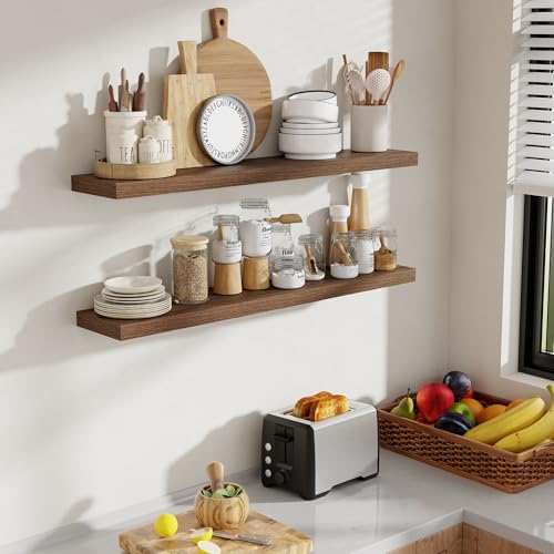 Acovy 40 Inch Floating Shelves, 8 Inch Deep Floating Shelves for Wall, Hanging Shelf with Invisible Brackets, Deep Shelves for Bathroom, Bedroom, Living Room, Walnut, Set of 2 - color: Walnut, size: 8"Wx40"L-2pcs
