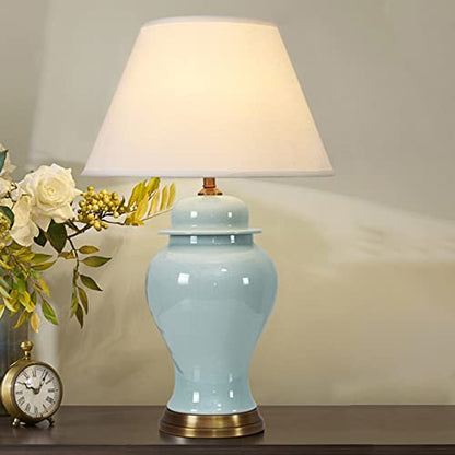 Blue Ceramic Table Lamp, Nordic Bedside Lamp Gold Metal Bracket Base with White Fabric Lampshadetable Lamps for Living Room Bedroom Study Hotel