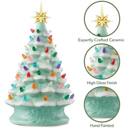 Casafield Hand Painted Ceramic Christmas Tree, Seafoam Green Snow Flocked 15-Inch Pre-Lit Tree with 128 Multi Color Lights and 2 Star Toppers - color: Seafoam Snow Flocked