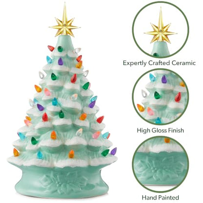 Casafield Hand Painted Ceramic Christmas Tree, Seafoam Green Snow Flocked 15-Inch Pre-Lit Tree with 128 Multi Color Lights and 2 Star Toppers - color: Seafoam Snow Flocked