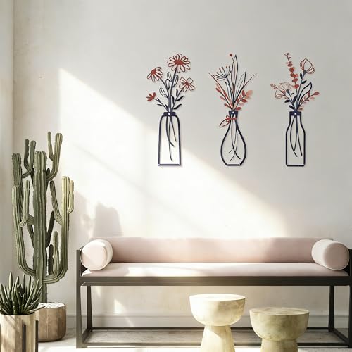 Embewhis Wall Decor Metal Flowers 3pcs, Rustic Farmhouse Flower Sculptures, 13.7" Wall Art Decor, Drill-Free Install Option for Living Room, Kitchen, Bedroom & Bathroom - size: B