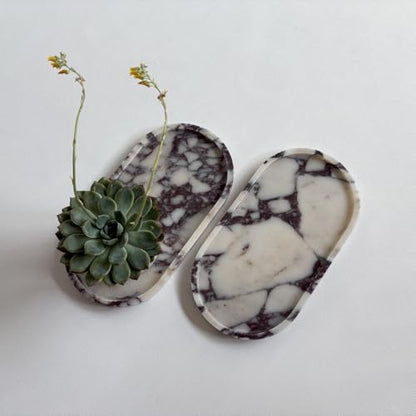 Natural Marble Stone 11.8 inches Oval Catchall Tray Classics Sundries Storage Jewelry Plates (Calacatta Purple)