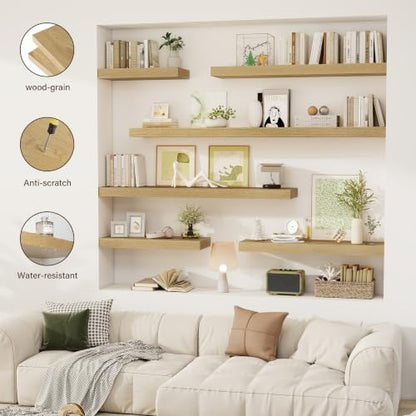 Acovy 36 Inch Floating Shelves, 12" Deep Floating Shelf Wall Mounted, 36" Wall Shelves, Rustic Deep Bookshelf, Extra Deeper & Thicker Display Shelves for Bedroom, Living Room, Oak, Set of 2 - color: Oak, size: 12"Wx36"L-2pcs