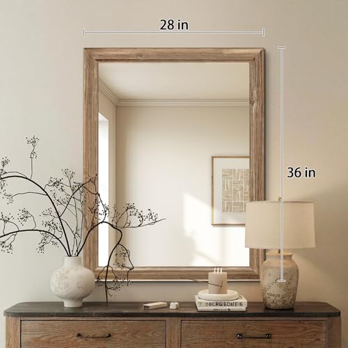 Niccy Rectangular Wall Mirror, 28"x36" Wood Bathroom Mirror, Antique - color: Antique Wood, size: 28"L x 36"W