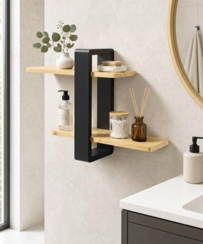 SUMGAR Floating Shelves for Wall Wood, 2 Tier Adjustable Plant Shelf Unit - color: Black&wooden, size: 2 Tier 16in