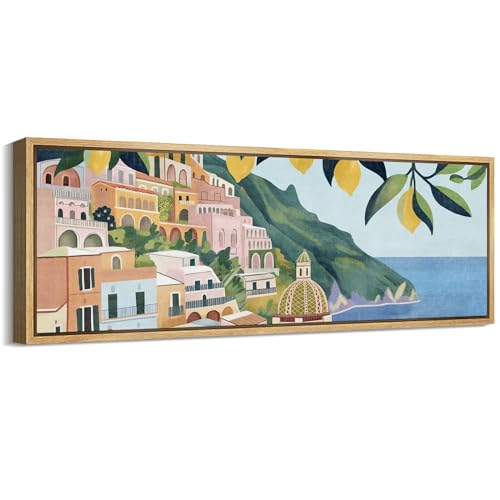 MUDECOR Large Framed Canvas Print Wall Art Mediterranean Coastal Village with Lemon Tree Antique Retro Fine Art Illustrations Decorative Colorful Multicolor for Bedroom - 60"x20" - color: A01-2401-irs13, size: 60"L x 20"W