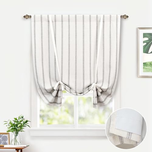 DriftAway Farmhouse Double Layer Linen Blackout Tie Up Curtains Thermal Insulated Vertical Striped Fully Lined Balloon Roman Shade Bathroom Window Adjustable Rod Pocket 39 Inch by 55 Inch Gray - color: Grey, size: 39"W x 55"L (Pack of 1)