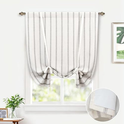 DriftAway Farmhouse Double Layer Linen Blackout Tie Up Curtains Thermal Insulated Vertical Striped Fully Lined Balloon Roman Shade Bathroom Window Adjustable Rod Pocket 39 Inch by 55 Inch Gray - color: Grey, size: 39"W x 55"L (Pack of 1)