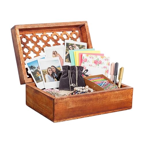 Mela Artisans Trellis Mango Wood Storage Box - Medium Burnt, 9x6 in | Hand-carved wooden jewelry box designed for keeping family keepsakes, daily accessories and premium home decor accents. - color: Medium Polish, size: Large