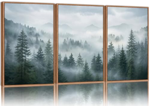 SIGNINART Large Misty Forest Framed Canvas Wall Art Set, Dark Green Pine Tree Artwork, Modern Nature Landscape Wall Decor, Foggy Mountain Scenery Art Print for Living Room, Bedroom, Office 24"x36"x3 - color: Foggy Forest, size: 36"L x 24"W