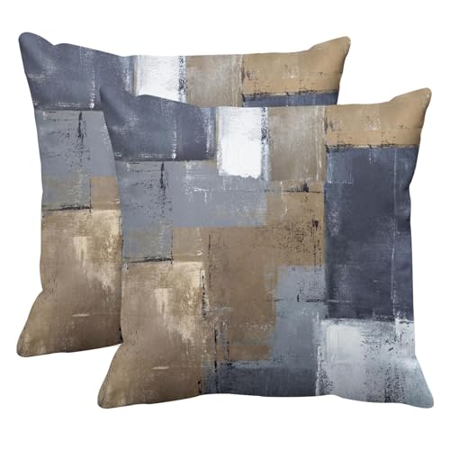 Britimes Throw Pillow Covers Set of 2, 16 x 16 Inch, Blue Brown Grey Taupe - color: Brown Blue, size: 16" x 16" (Pack of 2)