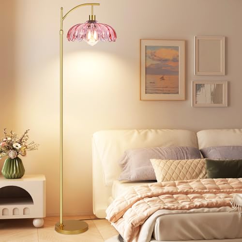 QIYIZM Pink Floor Lamp for Living Room,Bedroom,Gold Dimmable Standing Lamp with Remote,Mid Century Modern Brass Tall Lamp Boho Floor Lamps Arc Stained Glass Flower Floor Light Lamp Girls kids Bohemian - size: Floor Lamp--4