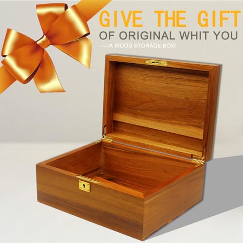 Wooden Box Decorative Large Acacia Wooden Storage Box with Hinged Lid and Locking Key Premium Keepsake Stash Box Lockable Chest for Keepsakes, Valuables, Accessories, Treasured Items(Lock No Grid) - style: Key Lock no partition