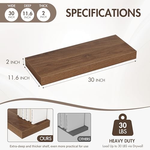 Acovy 30 Inch Floating Shelves, 12" Deep Floating Shelf Wall Mounted, 30" Wall Shelves, Rustic Deep Bookshelf, Extra Deeper & Thicker Display Shelves for Bedroom, Living Room, Walnut, Set of 2 - color: Walnut, size: 12"Wx30"L-2pcs
