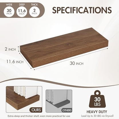 Acovy 30 Inch Floating Shelves, 12" Deep Floating Shelf Wall Mounted, 30" Wall Shelves, Rustic Deep Bookshelf, Extra Deeper & Thicker Display Shelves for Bedroom, Living Room, Walnut, Set of 2 - color: Walnut, size: 12"Wx30"L-2pcs
