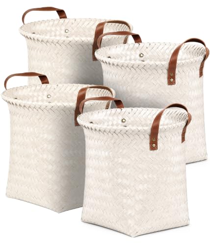 Wicker Storage Baskets, 4 Pack Woven Baskets for Shelves, White - color: Round White