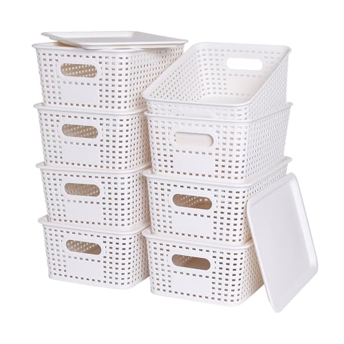 Ohmlove 8 Pack Plastic Storage Baskets with Lids for Organization - color: White