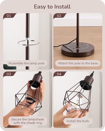 EDISHINE 70" Industrial 3 Light Floor Lamp with 3 LED Bulbs, Dimmable - color: Brown