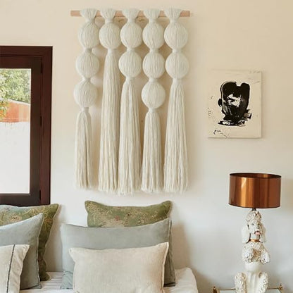 Macrame Wall Hanging Geometric Yarn Spheres Cotton Tassel Art 15.7"W*19.6"L - color: Ivory2
