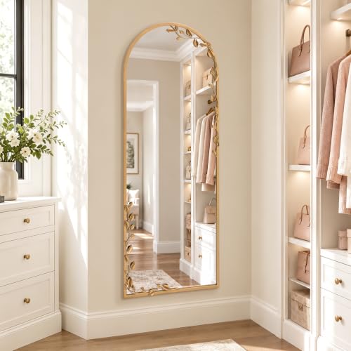 Besdomus Arched Full Length Mirror: 21"x56" Ornate Brass Gold Floor Mirror - size: 21"L x 56"W