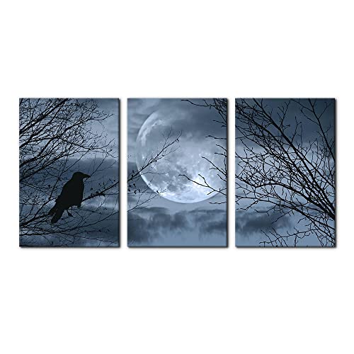 Pacimo 3 Pieces Canvas Art Wall Decor Full Moon Halloween Pictures Black and White Wall Art Painting Prints on Canvas Modern Artwork Stretched and Framed Ready to Hang - 16"x24"x3 Panel - color: Wallart-01, size: 16" x 24" x 3 Panels