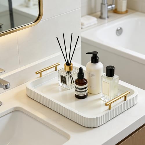 Rectangle Modern Wood Serving Tray with Metal Handles, High Gloss White Finish, 16x12 Inch Coffee Table Ottoman Tray for Storage and Display (White) - color: White