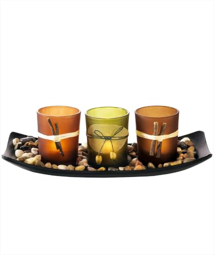 Dawhud Direct Decorative Votive Candle Holders, Vintage Decor Flameless Candlescape Set, 3 LED Tea Light Candles, Rocks and Tray - Fall Table Decor (Earth Tones)