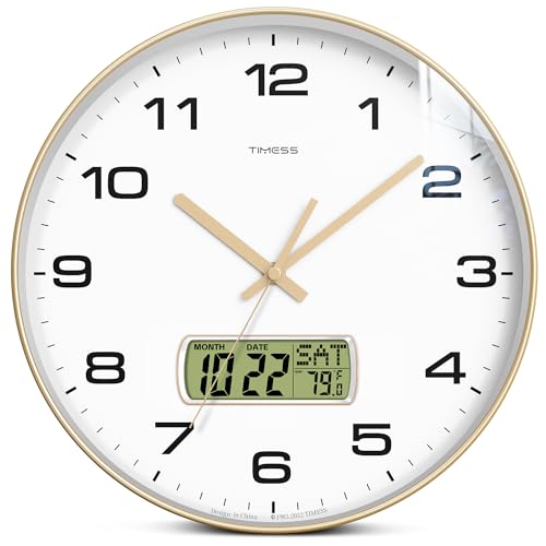 TIMESS Wall Clock, 12" Dial Non-Ticking Silent Battery Operated Analog with LCD Display for Perpetual Calendar and F° Temperature, Ideal Modern Home, Bedroom, Kitchen, Office Decor (Gold) - color: Gold, size: 12 Inch