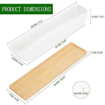 White Ceramic Succulent Planters, Indoor and Outdoor Succulent Planters, Set of 2 Cactus Containers, Bonsai Pots, Flower Pots with Drainage Hole and Bamboo Bowl (No Plant) - color: Thin Rectangle