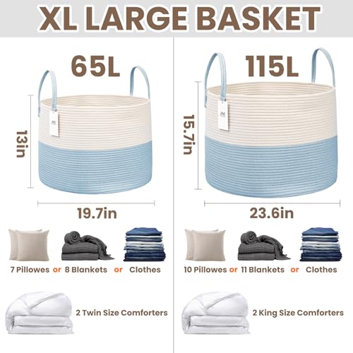 JMvicyroam 65L Extra Large Machine Washable Cotton Rope Blanket Basket - color: White&Blue, size: 65L