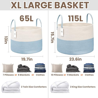 JMvicyroam 65L Extra Large Machine Washable Cotton Rope Blanket Basket - color: White&Blue, size: 65L