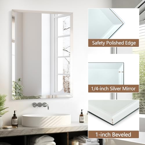 40x30 Inch Rectangle Frameless Mirror, Beveled Bathroom Mirror - size: 40"L x 30"W