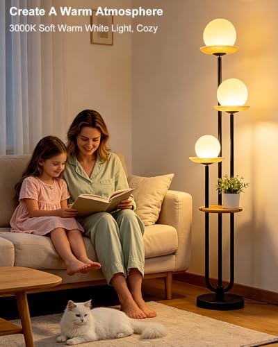 Lightdot 3-Globe Floor Lamp Dimmable with Green Glass Tray Black Floor Lamp - color: Amber-3U Black